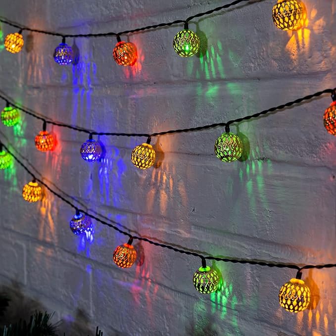 Solar Moroccan String Lights Outdoor 60 LED 36 Ft Globe Fairy Lights with 8 Lighting Modes, Waterproof Solar Powered String Lights for Garden Yard Gazebos Camping Party (Multicolor)