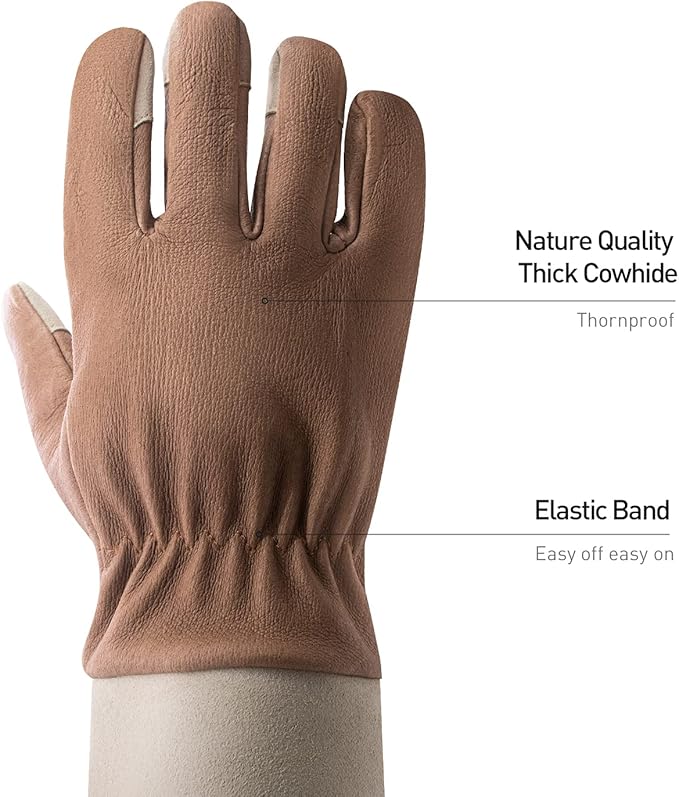HANDLANDY Long Gardening Gloves for Men & Women, Thorn Proof Rose Pruning Gloves Leather Gauntlets Garden Gloves Yard Work Gloves (Small, Brown)
