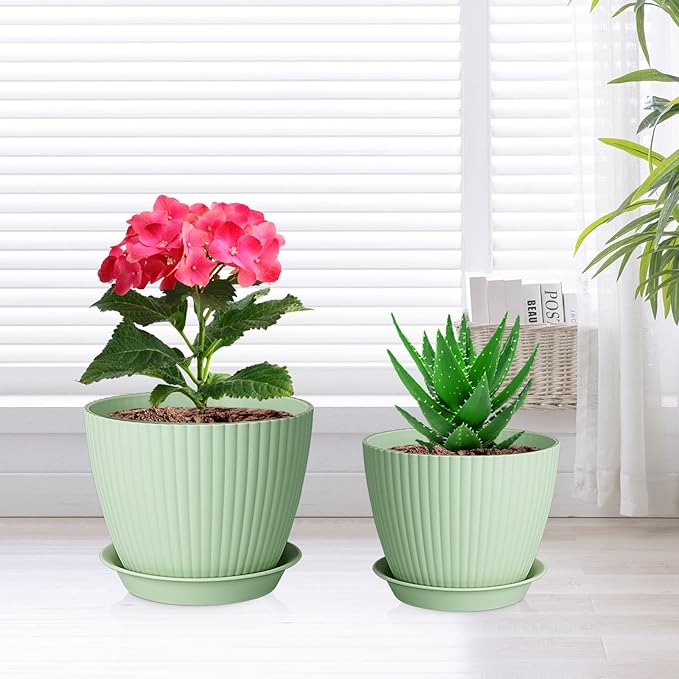 7/6.2/5.5/5/4.5/4 inch Plant Pots, 6 Pack Flower Pots for Small Indoor Outdoor Plants, Plastic Planters with Drainage Holes and Saucers for Garden Succulent House Plants, Green