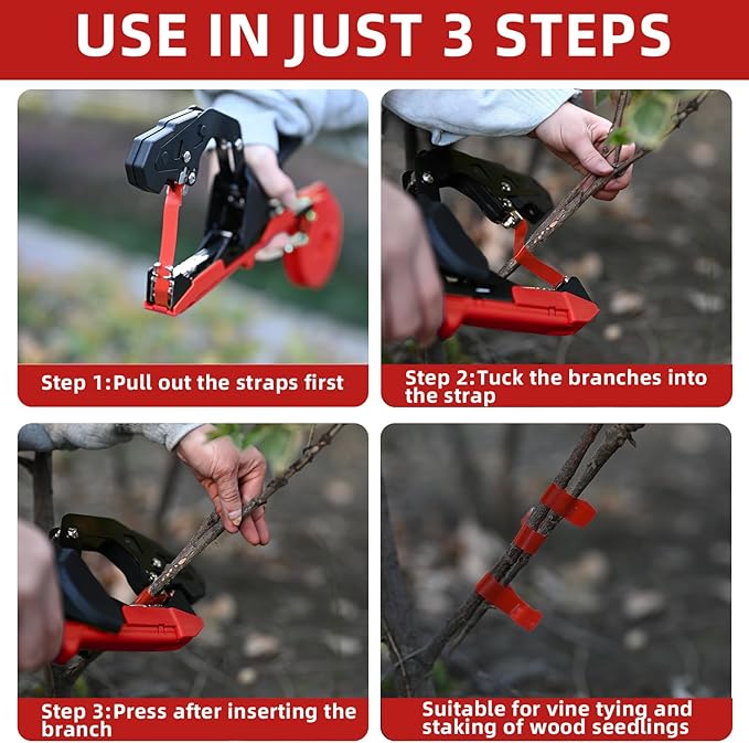 Suca Plant Tying Machine, Lightweight Plant Tying Tape Tool to Tie Up Vine Quickly, Plant Tie Tapener Gun with Tapes and Staples, Red
