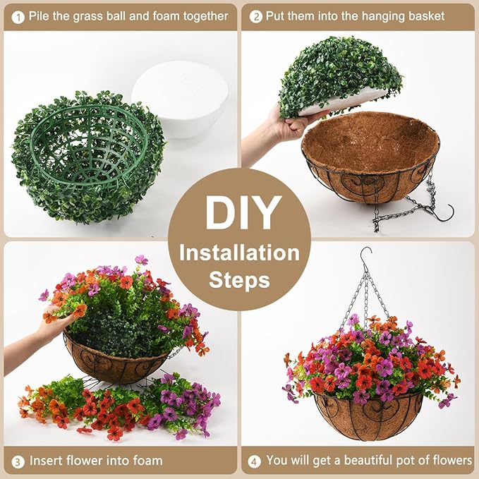 Artificial Faux Hanging Plants Flowers Basket for Spring Outdoor Decoration, Fake Silk Daisy in Planter Realistic UV Resistant Look Real for Porch Home Patio Balcony Yard(Purple Orange red)