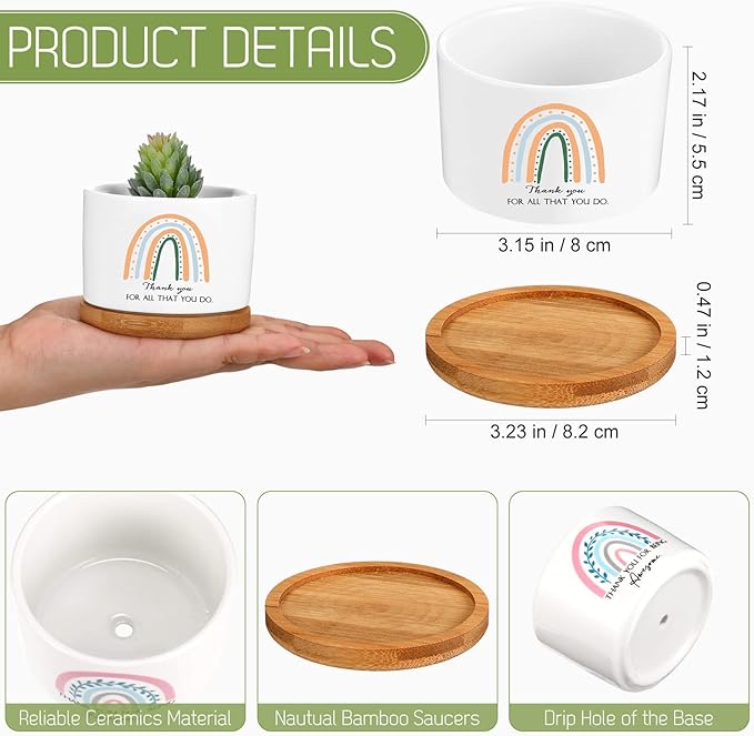 Sieral 6 Pcs Thank You Gift Appreciation Gift Succulent Pots Mini Ceramic Plant Pot with Bamboo Tray Succulent Planter for Coworker Employee Teacher School Counselor, Plants Excluded(Boho Style)
