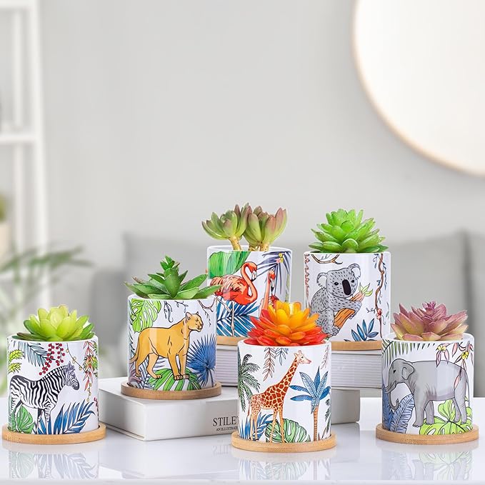 Succulent pots, 3.1Inch Ceramic Succulent Planter with Drainage Holes and Bamboo Tray, Animal Plant Pots Home Decor, Set of 6