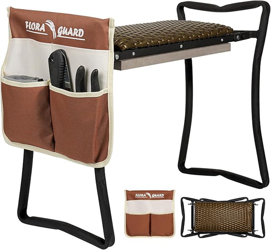 FLORA GUARD Garden Kneeler and Seat, Heavy-Duty Foldable Garden Kneeling Pad, High Breathability Artificial Rattan Shaped Cushion with Tool Bags, Gardening Gift for Gardeners and Seniors