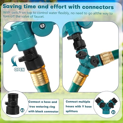2Pcs 360° Tree Water System Tree Watering Ring 13 Inch Circle Sprinkler and Irrigation System Targeted Water with Y Hose Splitter for New Tree Outdoor Plants Raised Garden Beds Shrubs (Green, Small)