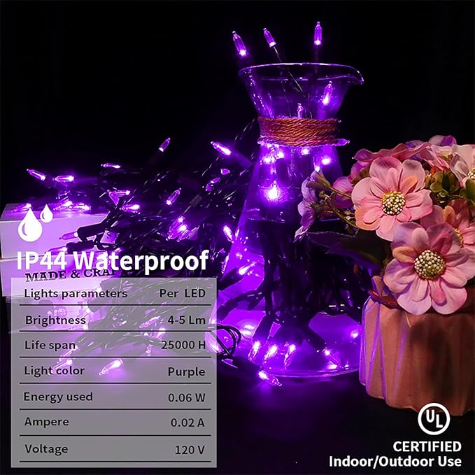 Purple Halloween LED Lights - 2 Pack 100 Count Purple Christmas String Lights for Tree, Party, Holiday, Indoor/Outdoor Halloween Decorations, 2 Sets 33 Feet Black Wire, UL Certified, Connectable