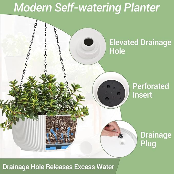 T4U Hanging Planter Self Watering 8 Inch, 2 Pack White Indoor Outdoor Hanging Plant pots, Hanging Flower Pot with Drainage Hole & Plug & Chain with 3 Hooks for Garden Home Decor