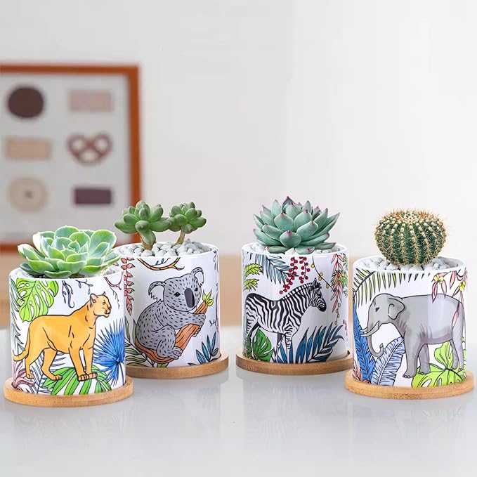 Succulent pots, 3.1Inch Ceramic Succulent Planter with Drainage Holes and Bamboo Tray, Animal Plant Pots Home Decor, Set of 6
