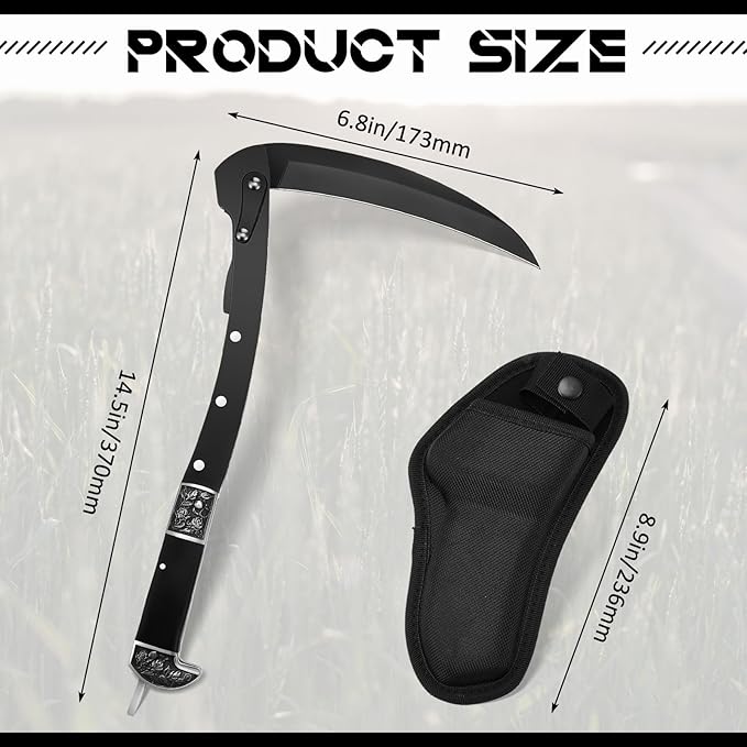 2 Pcs Black Sharp Folding Sickle 14.6 inch Grass Hand Sickle Knife Wooden Handle Portable Safety Manual Sickle Garden Tool with Sheath for Lawn Branches Weeds Gardening Farming Cutting