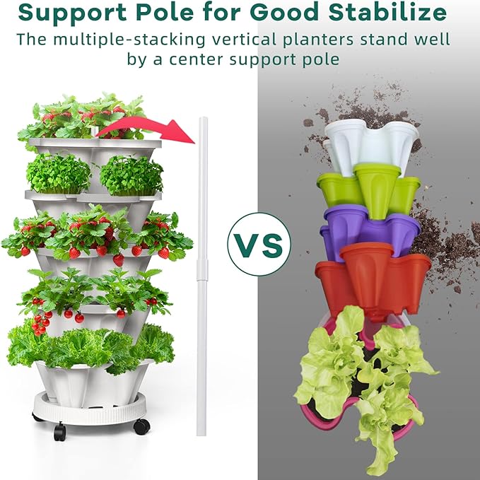 Strawberry Vertical Planters, 5 Tiered Stacking Tower Garden with Support Pole, Stackable Herb Vegetable Planters Indoor and Outdoor - White
