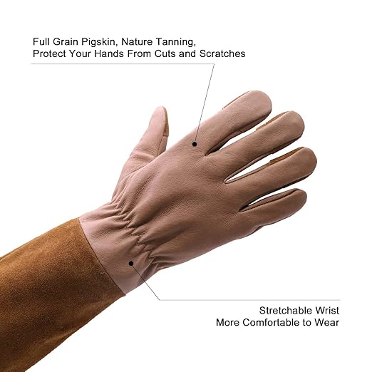 HLDD HANDLANDY Long Sleeve Leather Gardening Gloves,Puncture resistant,Breathable Pigskin Leather Gauntlet,Rose Pruning Floral Gauntlet Garden Gloves For Women and Men (Small, Brown)