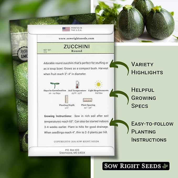 Sow Right Seeds - Round Zucchini Seed for Planting - Non-GMO Heirloom Packet with Instructions to Plant a Home Vegetable Garden - Unique Globe Squash - Summer Vining Variety (4)