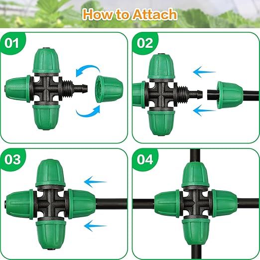 Upgraded 1/4" Drip Irrigation Cross Fittings：Leak Free Lock Barbed 4 Way Tee Connectors for 1/4 Inch Irrigation Tubing Quick Connect Parts for Garden Landscape System (24 Pieces)