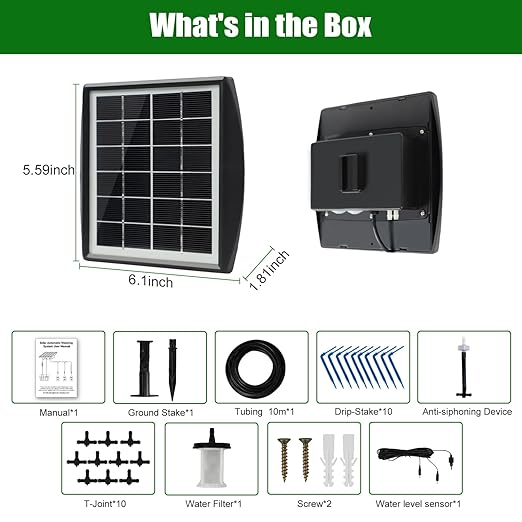 Solar Automatic Drip Irrigation Kit System, JIYANG Solar Powered Auto Easy DIY Watering Device Supported Pots Plants, 6 Timing Modes with Anti-Siphoning Device (Supported 10 Pots, 6Timing Modes)