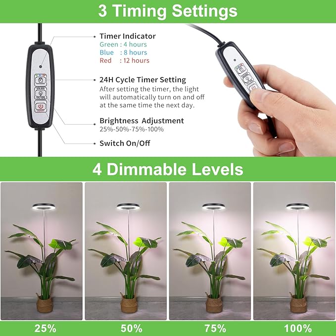 LBW Plant Grow Light, 72 LEDs Full Spectrum Grow Lamp for Indoor Plants, Brightness Adjustable Plant Light with Auto 4/8/12H Timer, 10.4”-59” Height Adjustable, Ideal for Large Tall Plants, Black