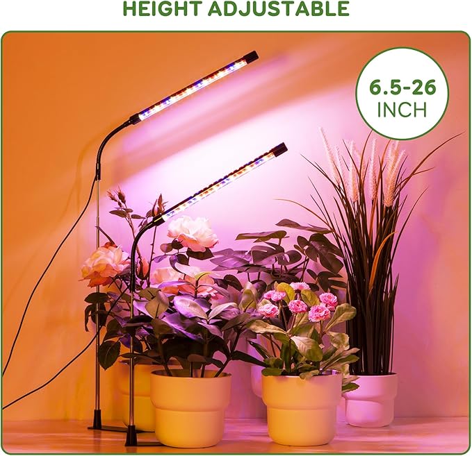 Grow Light, LED Plant Light for Indoor Plant Growing, Full Spectrum Desk Grow Lamp with Base,10 Dimmable Levels, Plant Lamp with Automatic Timer for 3/9/12H, Height Adjustable 6.5"-26"(2 Pack)