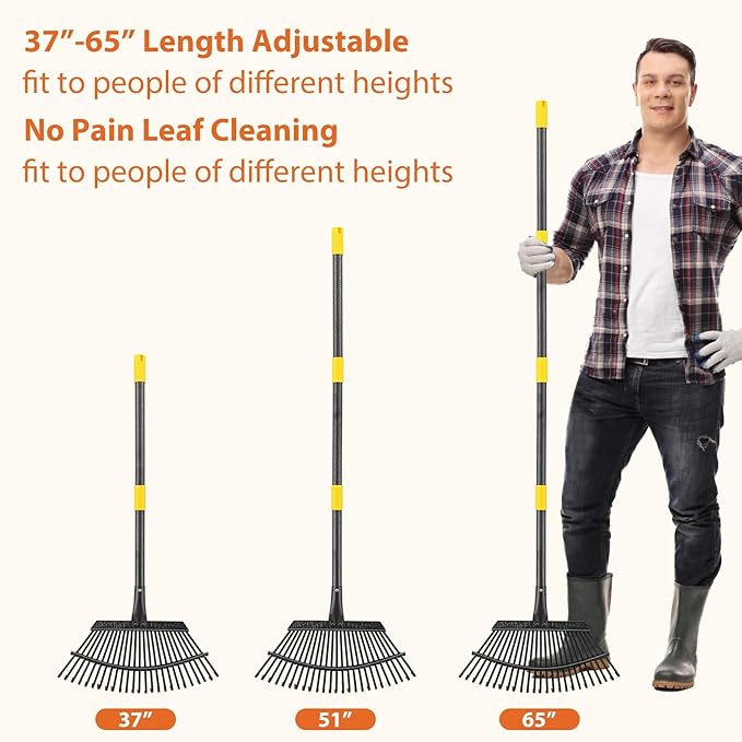 Garden Rake for Leaves, 25 Tines Leaf Rakes for Lawns Heavy Duty, 5 FT Gardening Rake with Back-Saving Long Handle, 18.5” Wide Large Rake Head for Quick Cleanup, Anti-Rust and Detachable for Camping