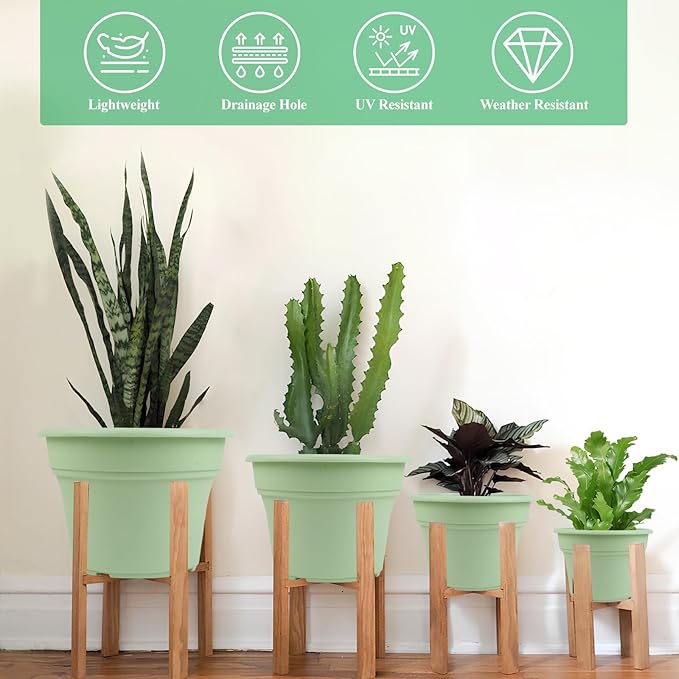 10 Inch Plastic-Flower-Pot-for-Indoor-Plants, 4 Pack Large Outdoor Planter Pot with Drainage Holes & Saucers, Resin Decorative Garden Pots Planters