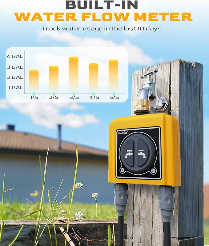 RAINPOINT Sprinkler Timer WiFi Water Timer with Brass Inlet, 2 Outlets Smart Hose Timer,Automatic Irrigation System Controller, APP & Voice Control, Irrigation by Weather/Quantity/Soil Moisture