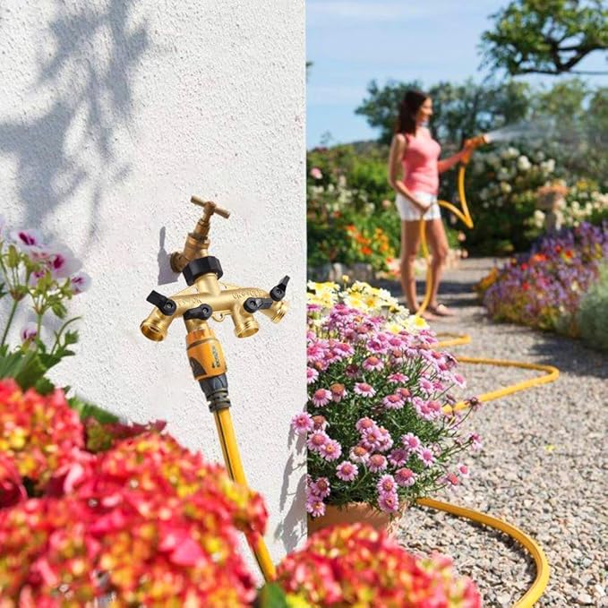 4 Way Brass Garden Hose Splitter Heavy Duty Garden Tap Hose Adapter Nozzle Switcher Connector with 4 Shut-Off Valves for Garden Irrigation Watering (American Thread 3/4)