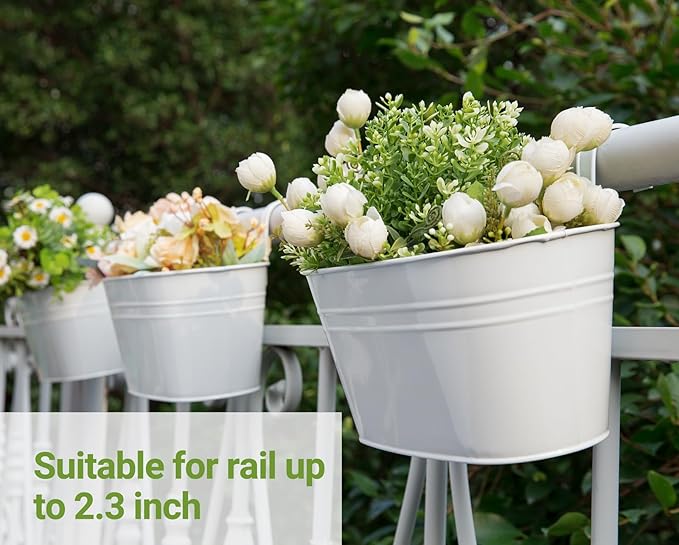 Dahey Metal Iron Hanging Flower Pots for Railing Fence Outdoor Planters Hanging Bucket Pots Countryside Style Window Flower Plant Holder with Detachable Hooks Home Decor,White,5 Pcs