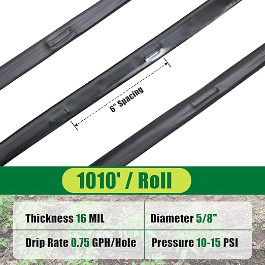 5/8" Drip Tape 1010FT, 6" Spacing Roll,16 Mil Garden Irrigation Tubing Hose, Adjustable Drip Tape Irrigation, Automatic Drip Irrigation System for Flowers, Plants, Fruits, 0.75 GPH/Hole