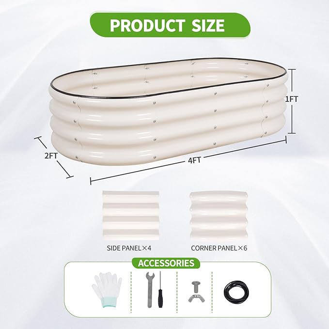 Galvanized Raised Garden Bed - 4x2x1FT Metal Planter Boxes Outdoor | Oval Steel Raised Bed Kit for Gardening with Protective Tape, Gloves for Vegetables, Flower, Herb (White)