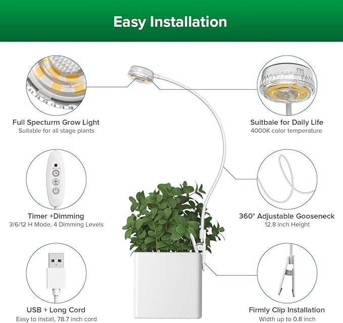SANSI Grow Lights for Indoor Plants, ETL Listed Pot Clip LED Plant Lights for Indoor Growing, Full Spectrum, 4-Level Dimmable, Auto On Off 3 6 12 Hrs Timer for Small Plants,Garden Gift White 5V 6-Pack