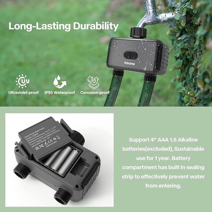 Smart Hose Watering Timer with Wi-Fi Hub, Automatic Irrigation System Controller for Lawns and Yard, Compatible with Alexa Dark Gray-Plastics Inlet & Plastics Outlet (2-Outlet)