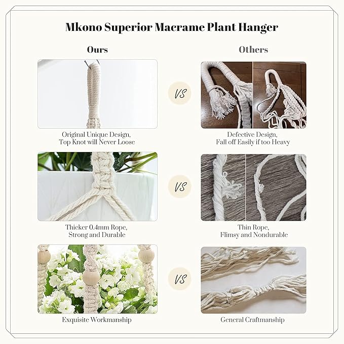Mkono Macrame Plant Hangers, 5 Pack Different Tiers Indoor Hanging Planters Basket with 5 Hooks Decorative Flower Pots Holder Stand Boho Home Decor, Ivory