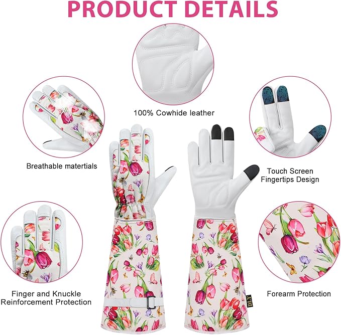 DLY Gardening Gloves for Women, Rose Gloves Gardening Thorn Proof, Long Garden Gloves for Women, Breathable Cowhide Leather Gauntlet (X-Large, White)