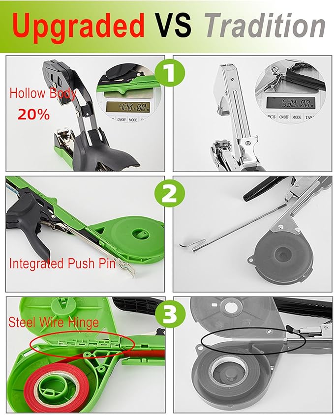 PATILWON Plant Tying Machine with Green Tape - Lightweight Plant Tie Tool for Vine Plants, Includes Staples, Blades, and 20 Rolls of Elastic Tape for Gardening