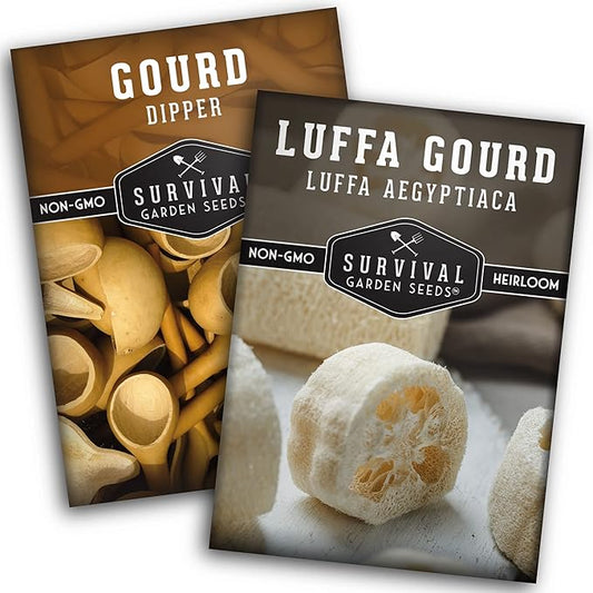 Survival Garden Seeds Dipper & Luffa Gourd Seeds for Planting – Grow Ornamental & Craft Gourds of Loofah & Dipper Variety in Your Home Vegetable Garden – Non-GMO Heirloom Seed Varieties