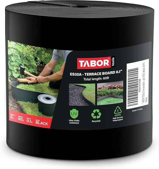 TABOR TOOLS 20 Ft Terrace Board, 5 Inch High, 0.1" Inch Thickness, Landscape Edging Coil, Grass Barrier, Bender Board, Garden Liner, ES30. (Black)