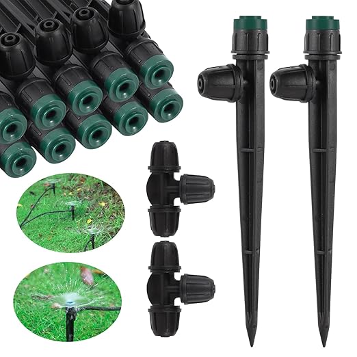 Drip Irrigation Emitters Sprayers for 1/4" Tubing, Adjustable 360 Degree Water Flow Sprayer on 5.5" Arrow Stake,with 1/4" Locked Tee for Watering System(30Pcs Sprayers and 30Pcs Tee)