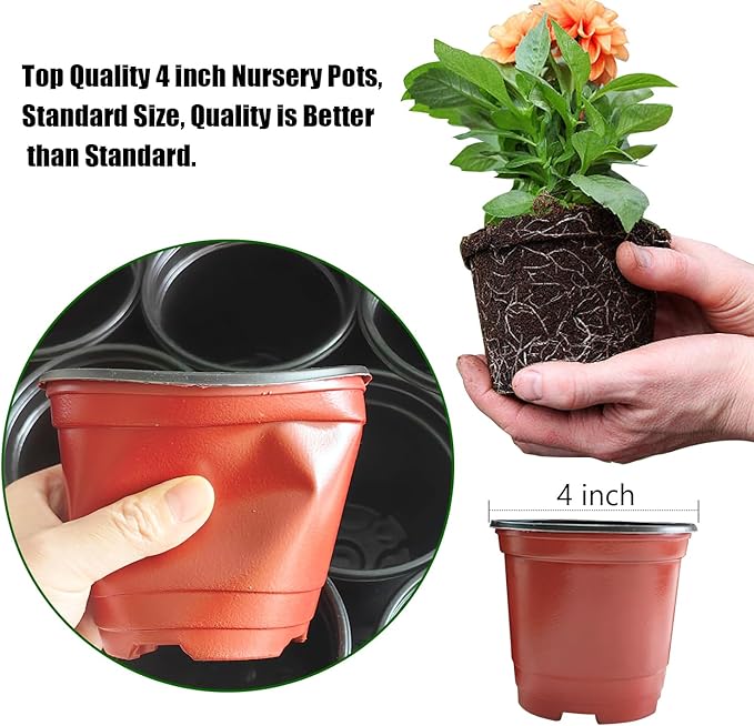 Plant Nursery Pots with Humidity Domes, 25 Sets 4 Inch Soft Nursery Pots Quality Ones (25 Red Pots + 25 Clear Lids), Seeds Starter Pots Small Planter Containers