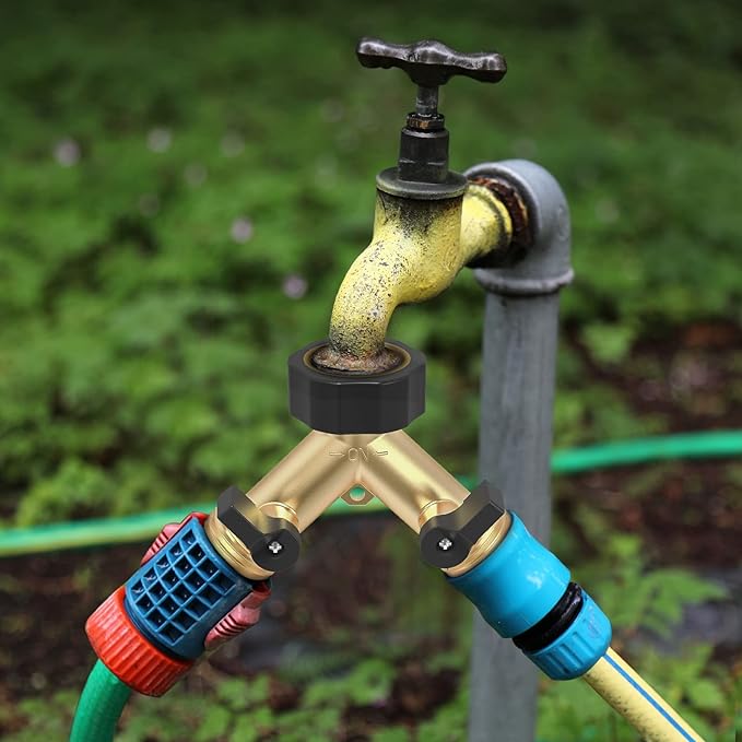 Twinkle Star Garden Hose Splitter 2 Way Heavy Duty, Y Connector Brass Garden Hose Adapter, Hose Bib Splitter with 2 Extra Rubber Washers, Water Hose Splitter, Hose Spigot, Connectors & Accessories