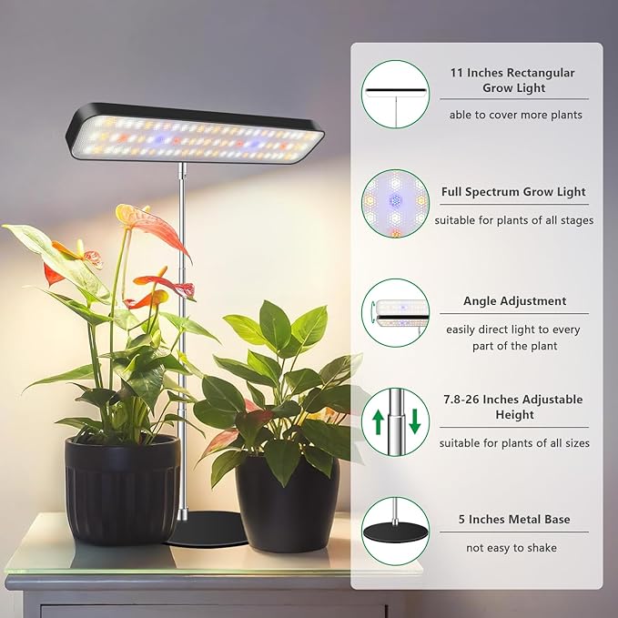 Grow Lights for Indoor Plants, Full Spectrum Table Plant Lights for Growing Small Plants, 5000K White Light LED Indoor Plant Light with Base, 26 Inch Height Adjustable, 6/12/16H Timer
