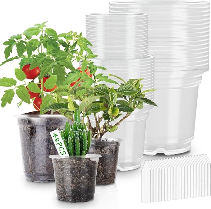 PEYOU 48 Packs 5/4/3.5 Inch Reinforced Clear Nursery Pots with Drainage Hole, Transparent Variety Pack Plastic Plant Pot Seedling Planter Seed Starter Flower 48pcs Labels