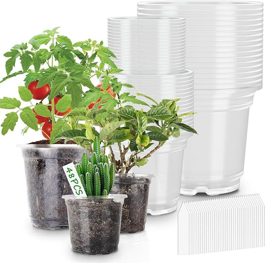 PEYOU 48 Packs 5/4/3.5 Inch Reinforced Clear Nursery Pots with Drainage Hole, Transparent Variety Pack Plastic Plant Pot Seedling Planter Seed Starter Flower 48pcs Labels