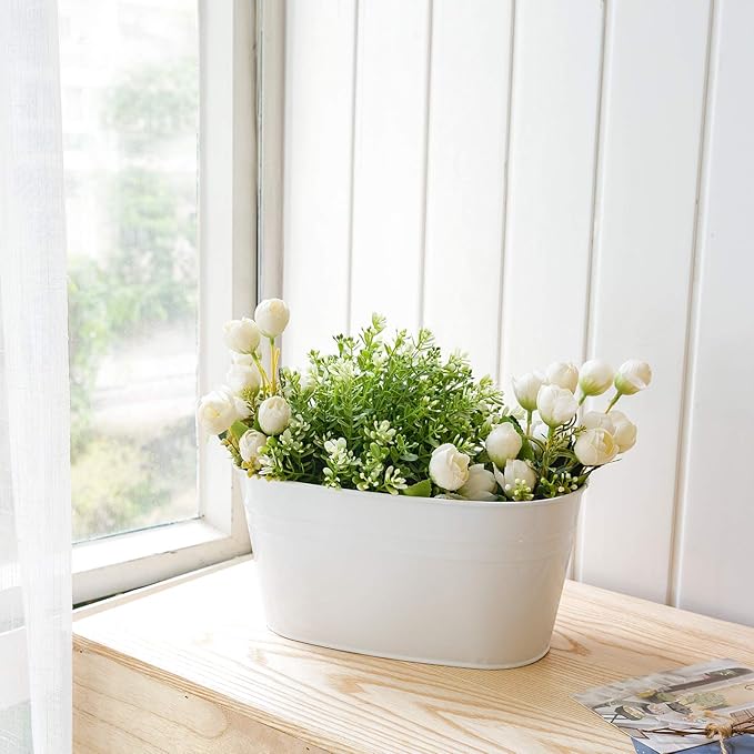 Dahey Metal Iron Hanging Flower Pots for Railing Fence Outdoor Planters Hanging Bucket Pots Countryside Style Window Flower Plant Holder with Detachable Hooks Home Decor,White,5 Pcs