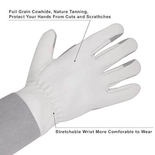 HLDD HANDLANDY Gardening Gloves for Women & Men, Leather Long Sleeve Rose Pruning Gloves, Thorn Proof Garden Work Gauntlet Animal Handling Gloves (Medium, Gray)