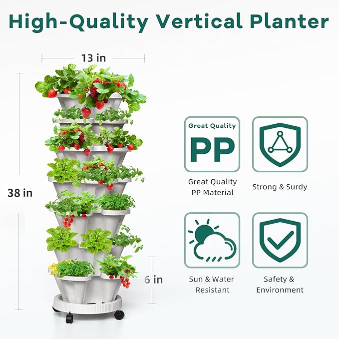 Strawberry Vertical Planters Tower Garden 3 Pack, 7 Tiered Stacking Herb Vegetable Planter with Support Pole Indoor and Outdoor - White