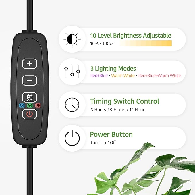 Grow Lights for Indoor Plants, Red Blue Yellow Full Spectrum Desktop Small LED Halo Plant Growing Lamps with Stand,Automatic Timer,24.2 inch Height Adjustable,10 Dimmable Levels,3 Lighting Modes,Black