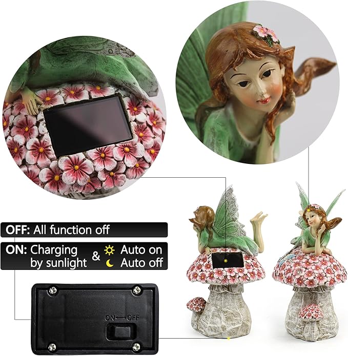 Garden Fairy Decor for Outside, Fairy Garden,Flower Fairy Outdoor Statue,Solar Powered Resin Ornaments,Patio Lawn Yard Porch, Garden Fairy Figurines for Home Garden Gifts,8.66inches Tall