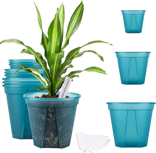 GREENPARA Blue Transparent Plastic Planter 4/5 /6 inch Plant Nursery Pots with Drainage Hole Indoor Modern Decorative Containers with 10pcs Plant Labels, 12pcs