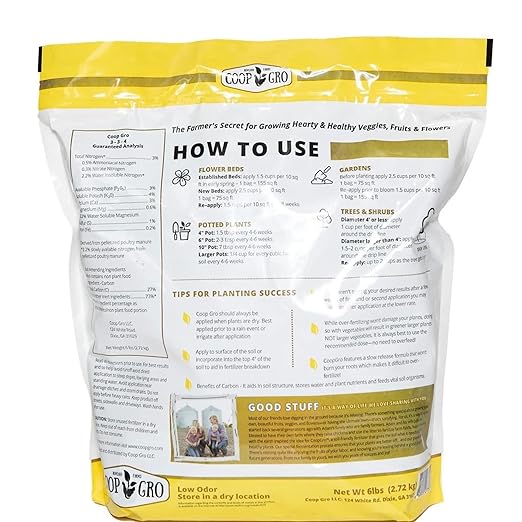Coop Gro Organic Chicken Manure Fertilizer 6 lb. Bag. All-Natural Plant Food for Vegetable Gardens, Flower Beds, Indoor Plants & Shrubs. Pelleted Fruit Tree Fertilizer (3 Pack)