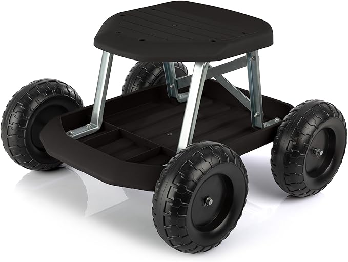 Pure Garden Gardening Stool - Rolling Garden Seat with Wheels and Storage Tool Tray - Garden Cart Scooter - Yard Tools (Black)