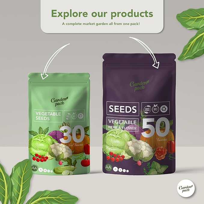 Garden Pack Seeds Pouch - 50 Varieties of Herb, Flower & Vegetable Seeds for Planting - 25,000 Non GMO Heirloom Seeds - Garden Seeds for Vegetable Garden