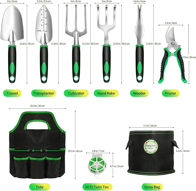 Garden Tool Set, 10 Pieces Heavy Duty Gardening Tools Kit with Plant Grow Bags and Garden Tote Bag for Tools, Gardening Gifts for Women and Men,No-Rust,No-Bend